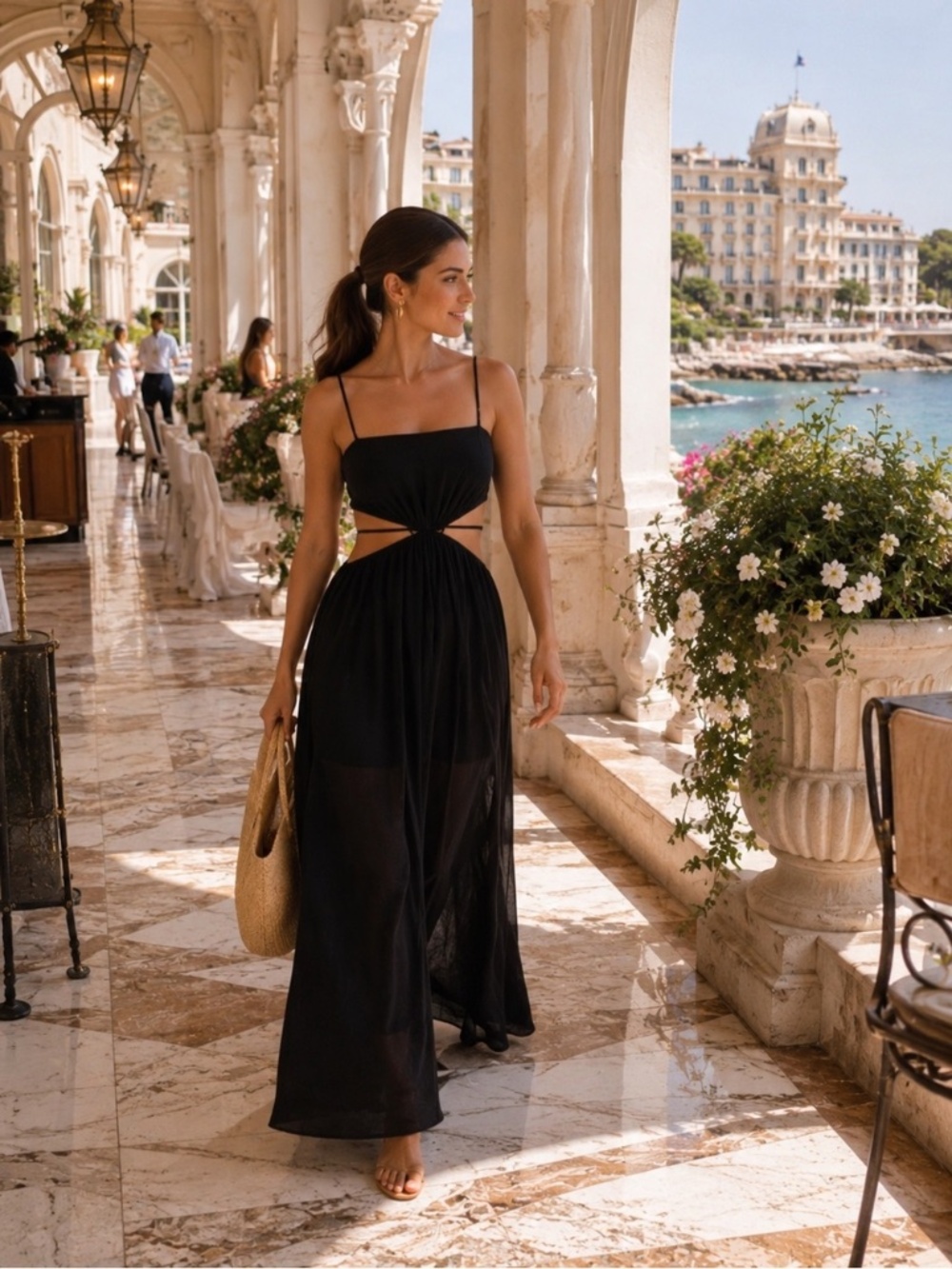 Jonathan Simkhai Swim Amora Black Cutout Strappy Tie Waist Maxi Dress